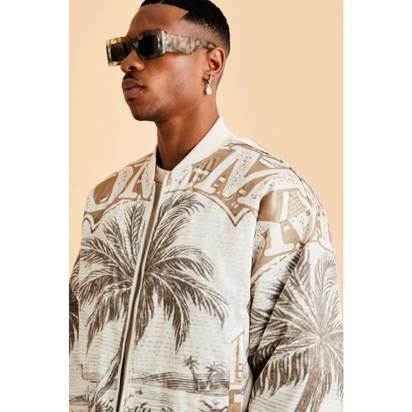 bohooMAN Boxy Satin Printed Bomber Men's Large Jacket Zip-Up Sand Varsity - Picture 1 of 8